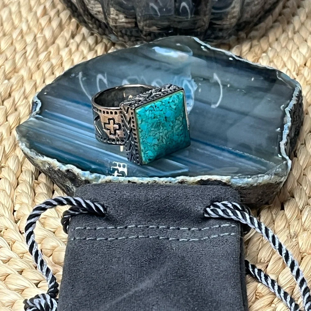 Silpada Sterling Turquoise Square Ring with Southwestern Band Size 6.5-7 - Picture 2 of 6